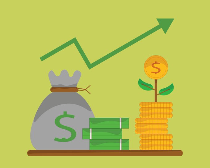 Illustration of an investment portfolio concept with a money bag, stacked coins, and an upward-trending graph.