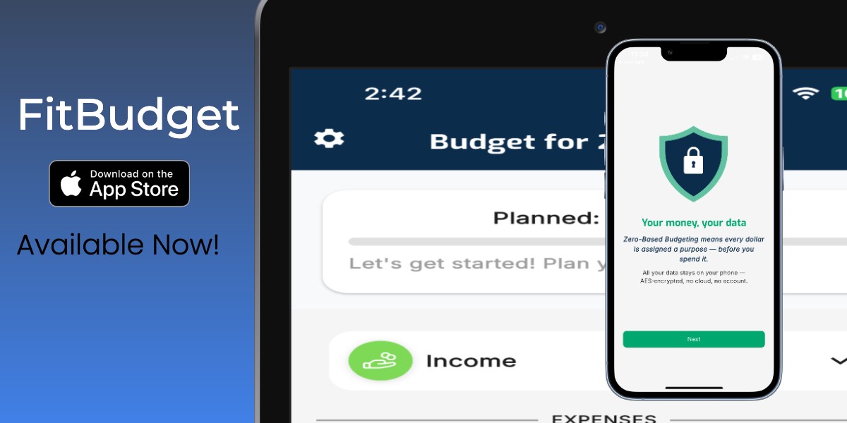FitBudget app on a tablet and phone with Download on the App Store badge