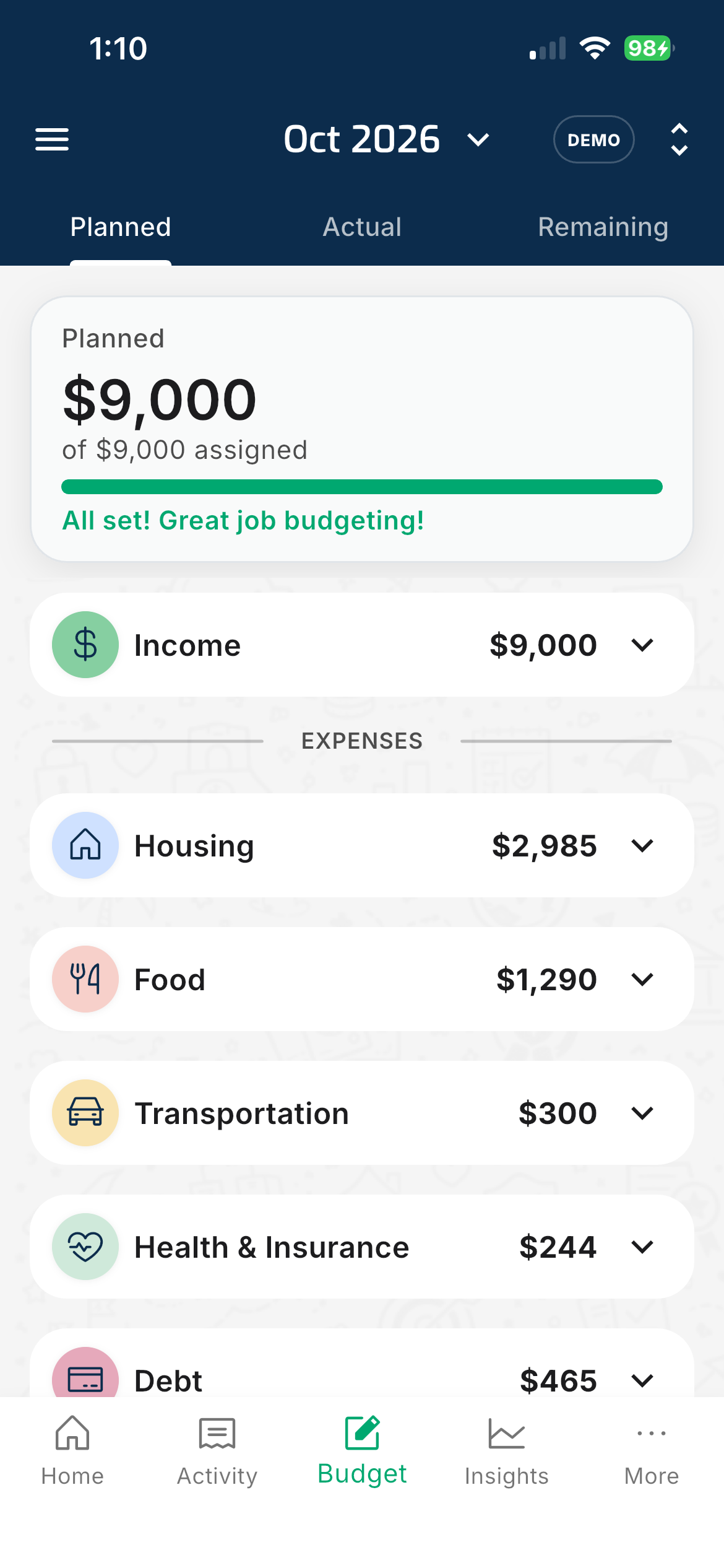 FitBudget Planned budget with $9,000 of $9,000 assigned across income and expense categories