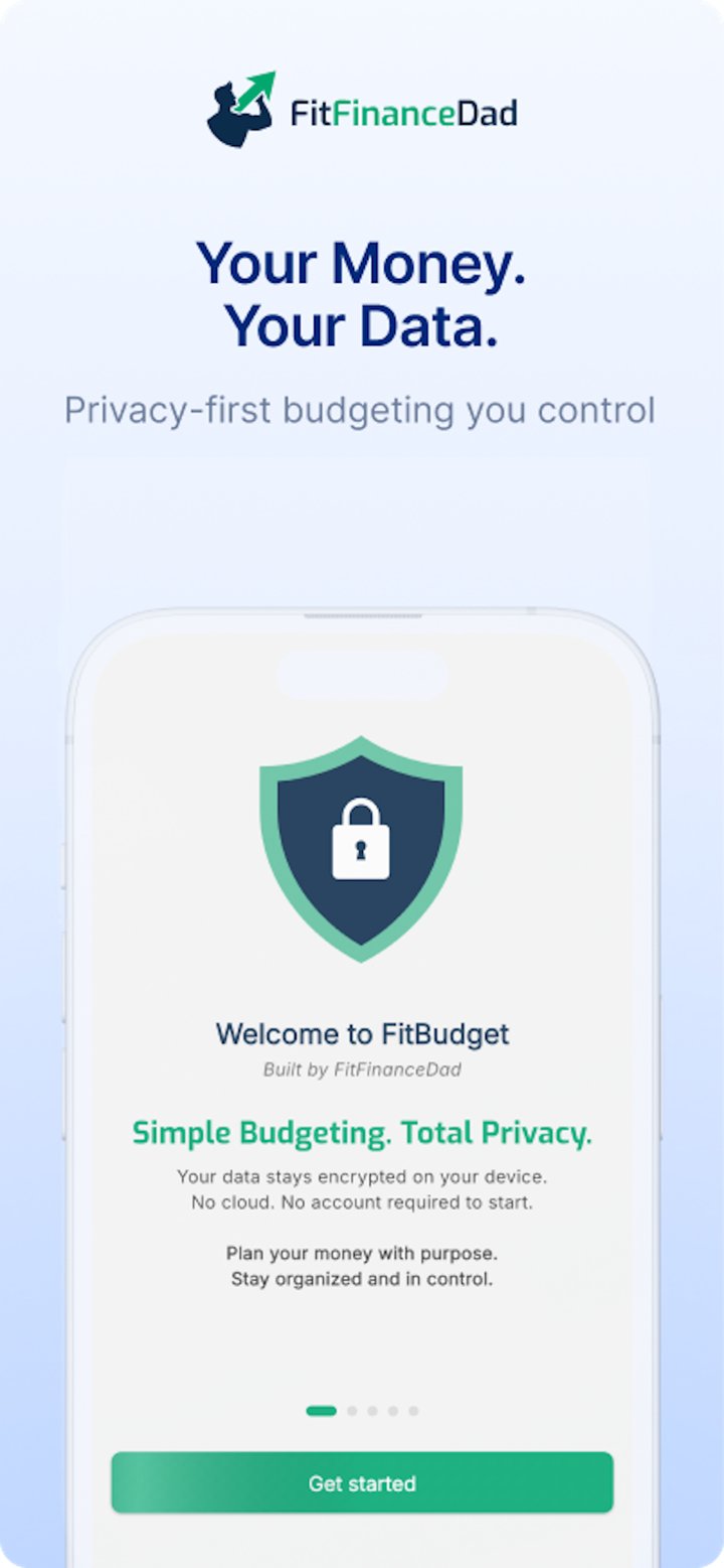 FitBudget welcome screen: Your money, your data. Encrypted on your device, no cloud, no account required to start