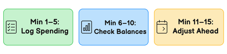Horizontal three-step banner showing how to budget in 15 minutes per week: Minutes 1 to 5 log spending, Minutes 6 to 10 check balances, and Minutes 11 to 15 adjust ahead